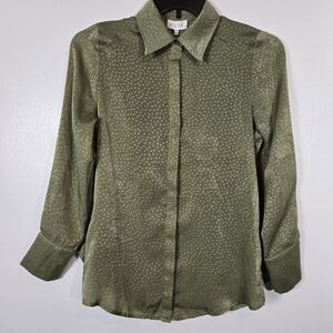 NEW ACOA Olive Green Satin Polkadot Long Sleeve Button Down Blouse Top Small